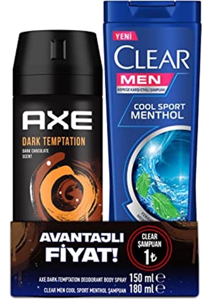 Deodorant Body Spray Dark Temptation 150 Ml + Clear Men Şampuan Cool Sport Menthol 180 Ml