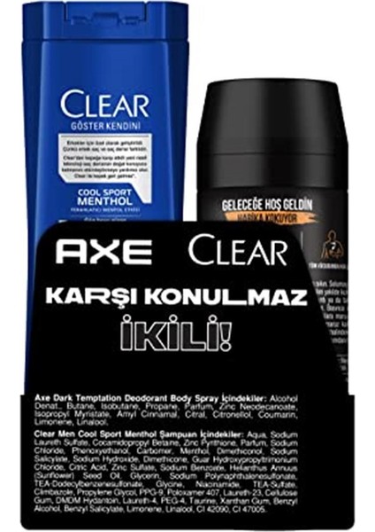 Deodorant Body Spray Dark Temptation 150 Ml + Clear Men Şampuan Cool Sport Menthol 180 Ml