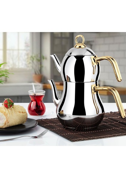 Şahmeran Çelik Çaydanlık Altın Metal Kulp - Mega Boy