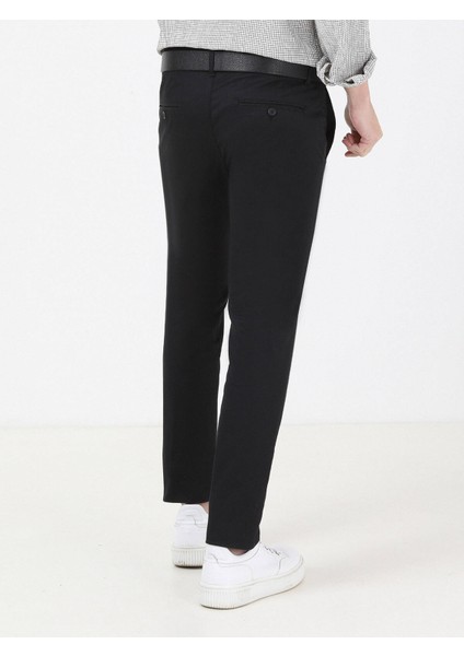 Siyah Düz Dokuma Slim Fit Casual Pamuk Karışımlı Pantolon