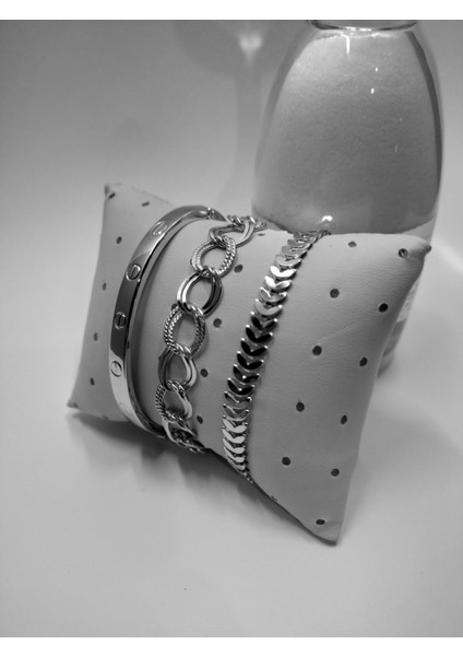 Kombin Kadın Gümüş Kaplama Kombin Düz Model Kartier Kılçık Çift Zincir Bileklik -1239