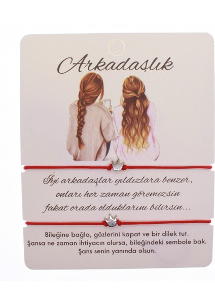 Gümüş Renk Kırmızı Ip Taç Arkadaş Bilekliği - 1605
