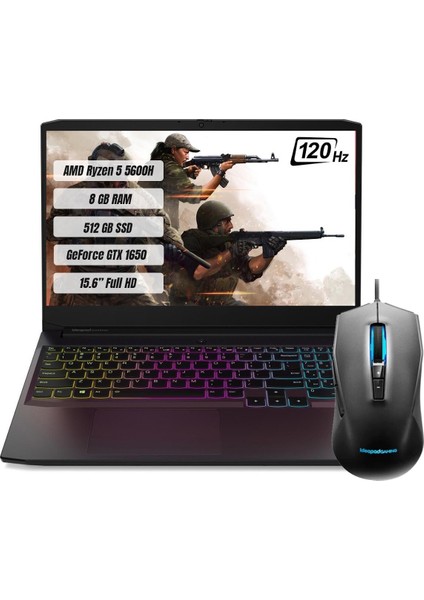 IdeaPad Gaming 3 AMD Ryzen 5 5600H 8GB 512GB SSD GTX1650 Freedos 15.6" 120 Hz FHD Taşınabilir Bilgisayar 82K200K3TX