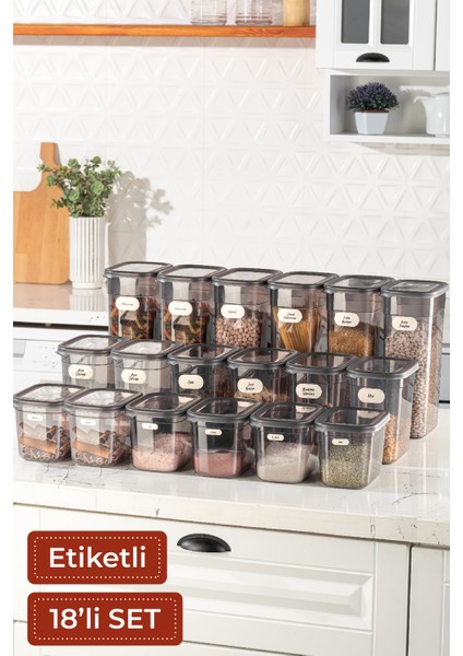 Etiketli 18'li Set Peggy Şeffaf Kapaklı Uzun Dikdörtgen Saklama Kabı Antrasit
