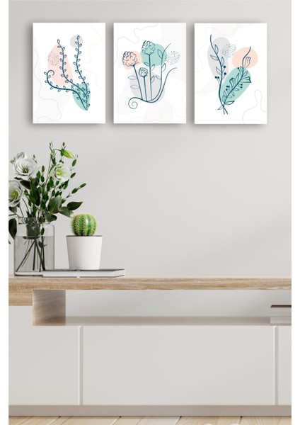 Dekoratif Yeşil, Sarı, Gri Çiçek Dizayn Mdf Ahşap 3 Parçalı Tablo