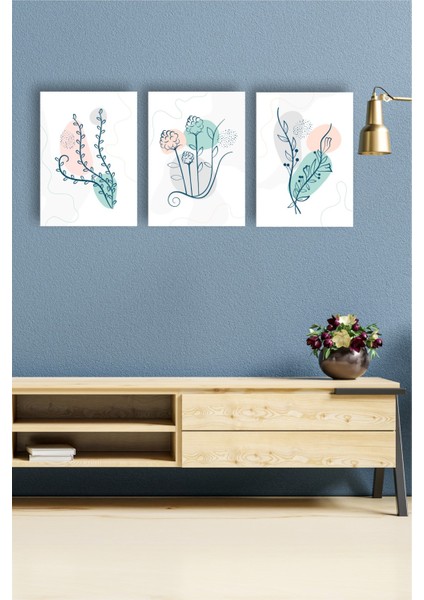 Dekoratif Yeşil, Sarı, Gri Çiçek Dizayn Mdf Ahşap 3 Parçalı Tablo fiyatları