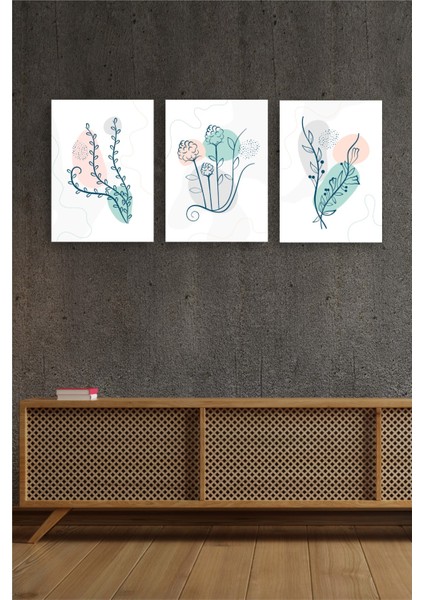 Dekoratif Yeşil, Sarı, Gri Çiçek Dizayn Mdf Ahşap 3 Parçalı Tablo modelleri