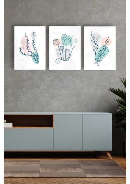 Dekoratif Yeşil, Sarı, Gri Çiçek Dizayn Mdf Ahşap 3 Parçalı Tablo fırsatları