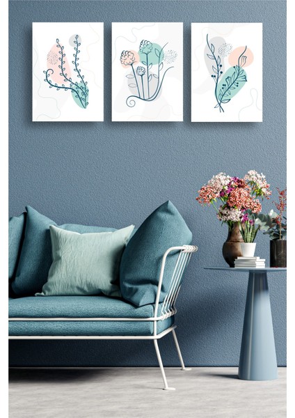 Dekoratif Yeşil, Sarı, Gri Çiçek Dizayn Mdf Ahşap 3 Parçalı Tablo indirimleri