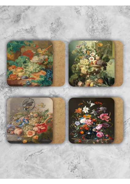 Gül Çiçek Vazo Temalı Ahşap Bardak Altlığı Ahşap Baskılı Altlık 4'lü set (9 x9CM)