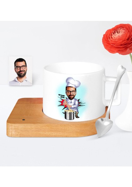 Kişiye Özel Aşçı Karikatür Ahşap Altlıklı Seramik Fincan - 1