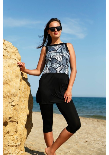 Kadın Siyah Yaprak Desenli Tasarım Yarı Kapalı Mayo M2203