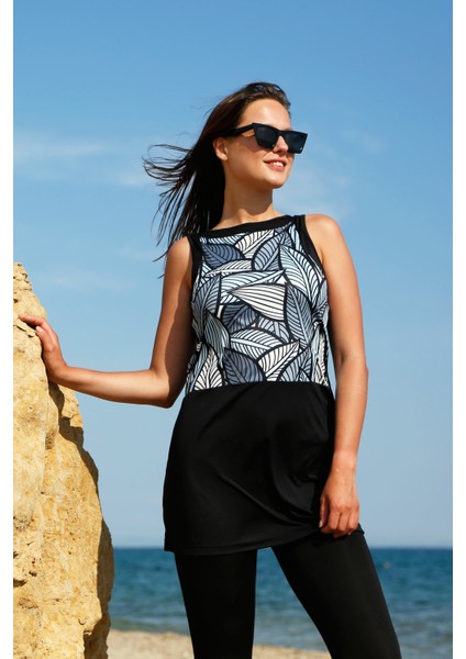 Kadın Siyah Yaprak Desenli Tasarım Yarı Kapalı Mayo M2203 fiyatları