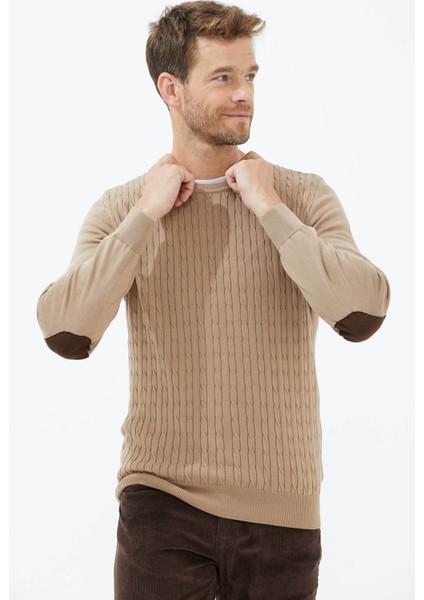 Sıfır Yaka Süet Garnili Saç Örgülü Triko Kazak - Kamel