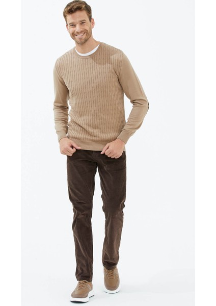 Sıfır Yaka Süet Garnili Saç Örgülü Triko Kazak - Kamel fiyatları