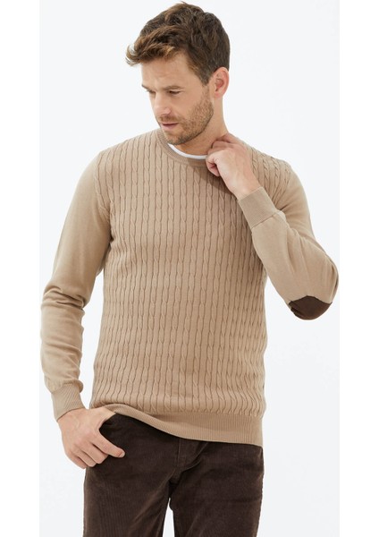 Sıfır Yaka Süet Garnili Saç Örgülü Triko Kazak - Kamel modelleri
