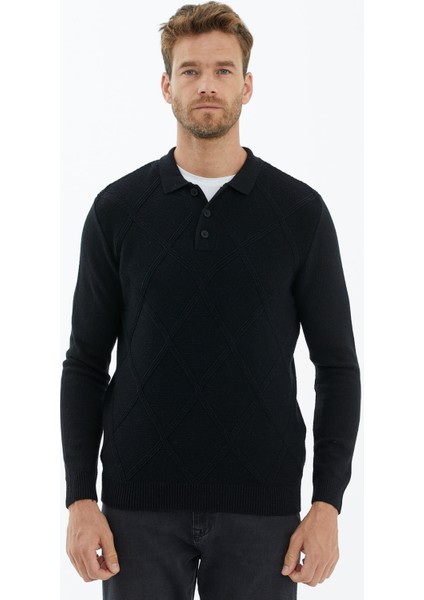 Polo Yaka Düğmeli Triko Kazak - Siyah fiyatları