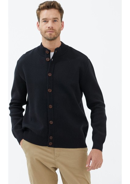 Dik Yaka Düğmeli Triko Hırka - Siyah