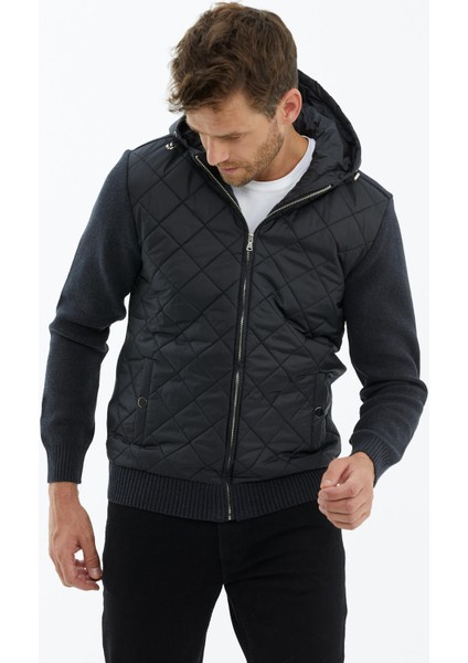 Kapüşonlu Fermuarlı Kapitone Triko Mont - Antrasit