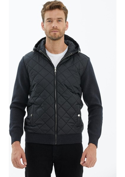 Kapüşonlu Fermuarlı Kapitone Triko Mont - Antrasit modelleri