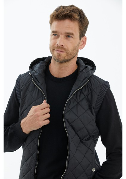 Kapitoneli Kapüşonlu Fermuarlı Triko Yelek - Antrasit modelleri