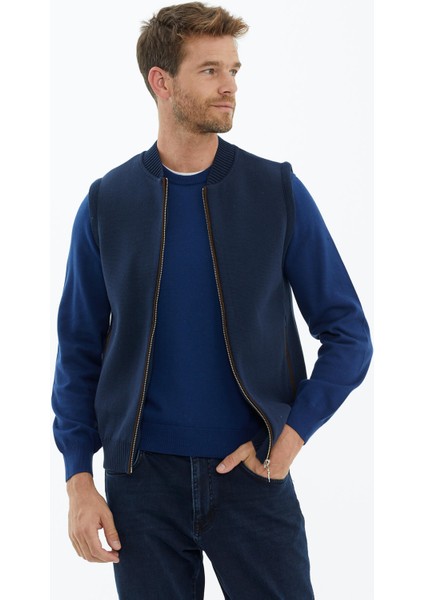 Lacivert Triko Yelek Erkekler İçin Modern Dik Yaka ve Nubuk Detaylı fırsatları