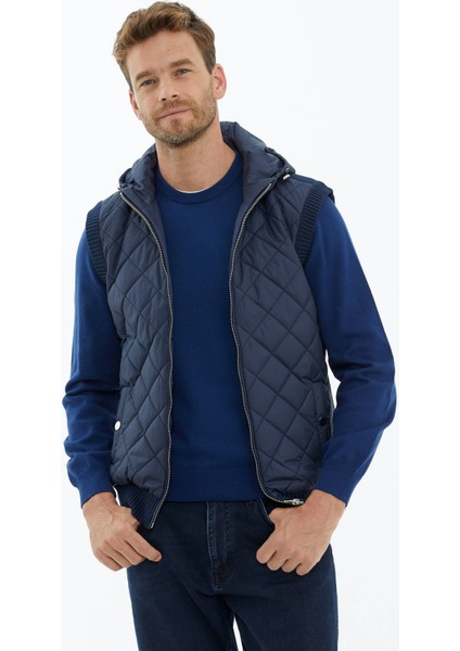 Kapitoneli Kapüşonlu Fermuarlı Triko Yelek - Lacivert fiyatları