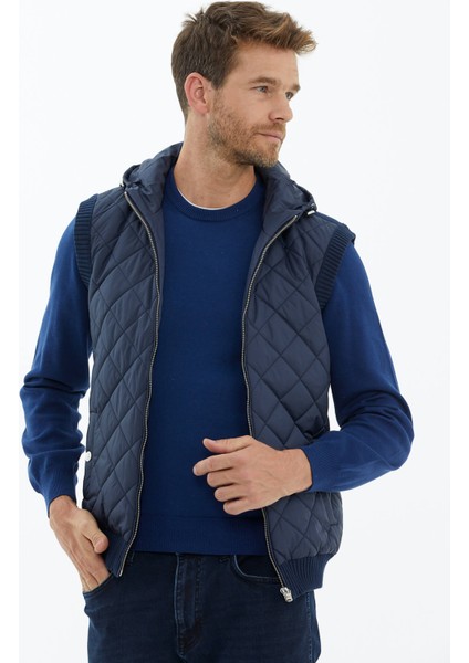 Kapitoneli Kapüşonlu Fermuarlı Triko Yelek - Lacivert modelleri