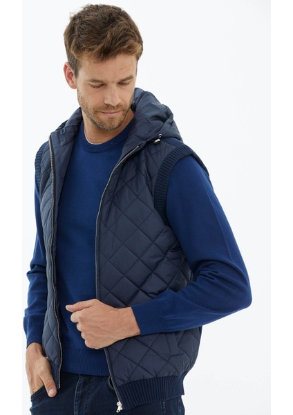 Kapitoneli Kapüşonlu Fermuarlı Triko Yelek - Lacivert fırsatları