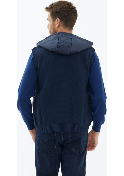 Kapitoneli Kapüşonlu Fermuarlı Triko Yelek - Lacivert indirimleri