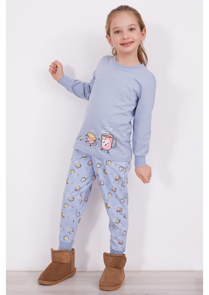 Coffee Mavi Kız Çocuk Uzun Kol Pijama Takım