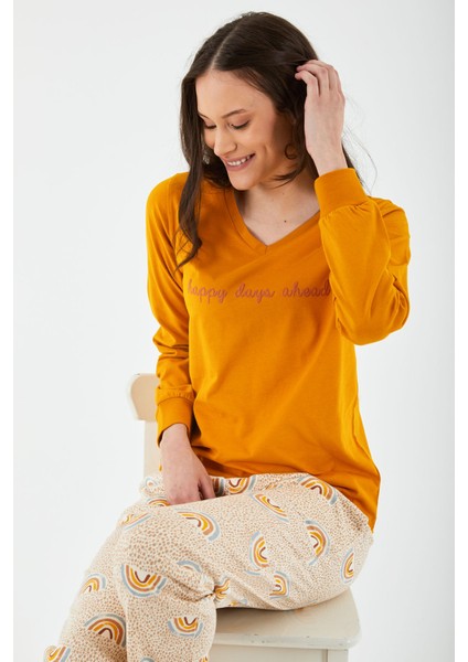 Happy Days Ahead Hardal Kadın Uzun Kol Pijama Takım
