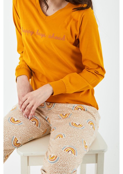 Happy Days Ahead Hardal Kadın Uzun Kol Pijama Takım