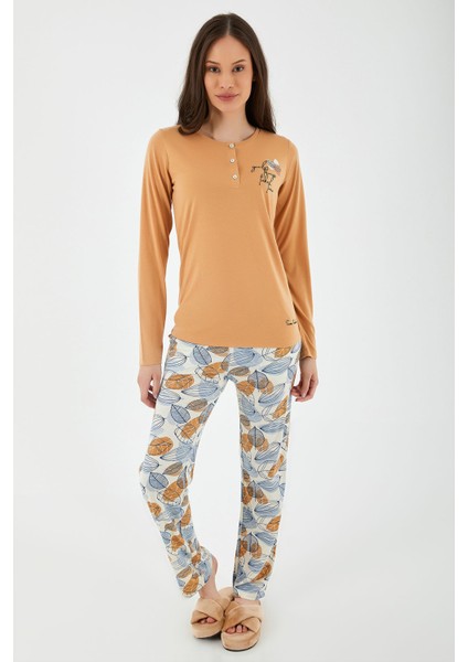 Good Things Take Time Camel Kadın Uzun Kol Pijama Takım