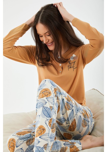 Good Things Take Time Camel Kadın Uzun Kol Pijama Takım modelleri