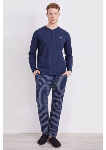 Çizgili Lacivert Erkek Uzun Kol Pijama Takım
