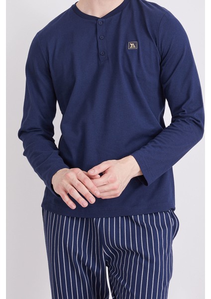 Çizgili Lacivert Erkek Uzun Kol Pijama Takım modelleri