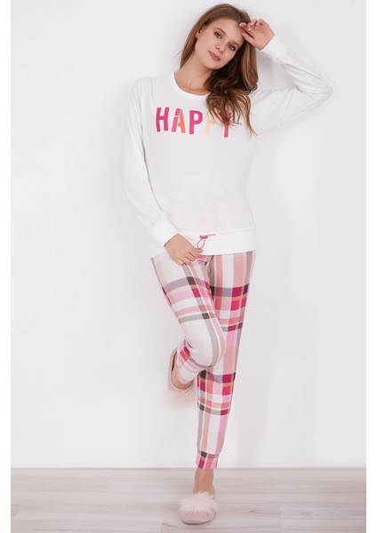 Happy Krem Kadın Uzun Kol Pijama Takım