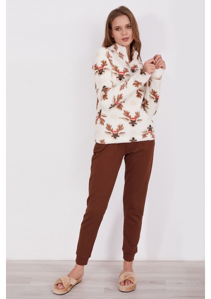 Deer Krem Kadın Uzun Kol Pijama Takım