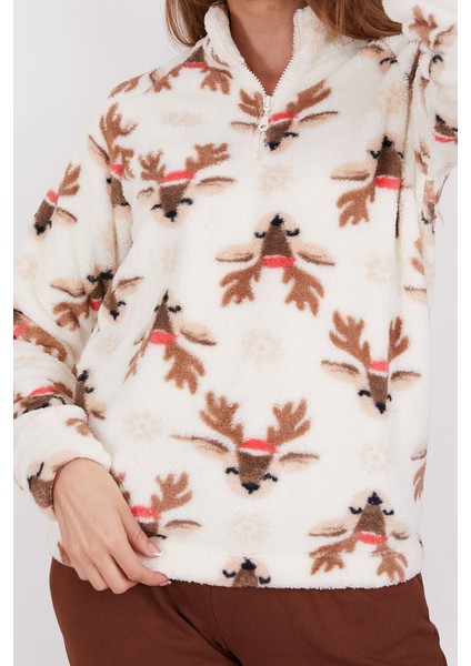 Deer Krem Kadın Uzun Kol Pijama Takım modelleri