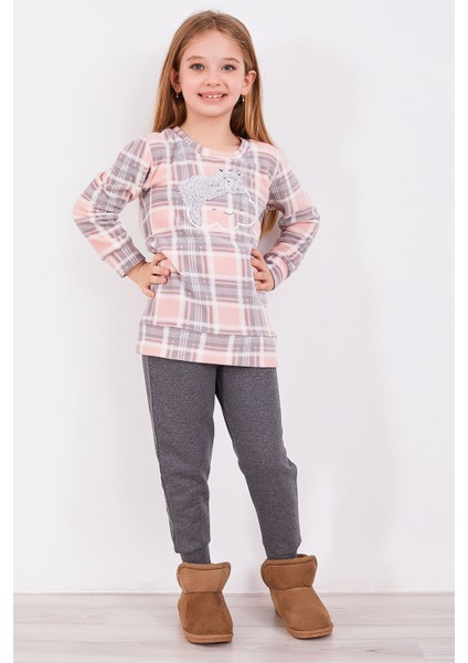 Ekoseli Pudra Kız Çocuk Uzun Kol Pijama Takım