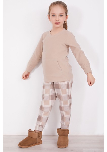 Ekoseli Kanguru Cepli Kahverengi Kız Çocuk Uzun Kol Pijama Takım