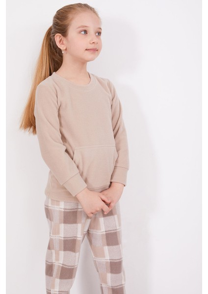 Ekoseli Kanguru Cepli Kahverengi Kız Çocuk Uzun Kol Pijama Takım fiyatları