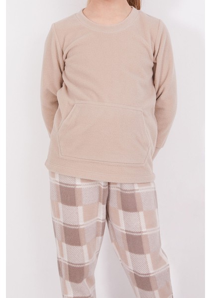 Ekoseli Kanguru Cepli Kahverengi Kız Çocuk Uzun Kol Pijama Takım modelleri