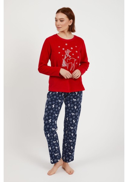 Deer Kırmızı Kadın Bisiklet Yaka Uzun Kol Pijama Takım