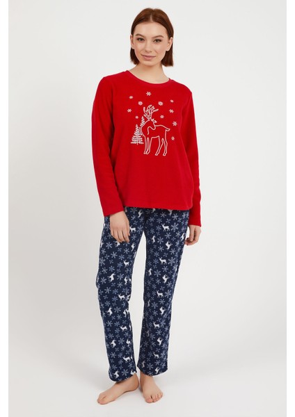 Deer Kırmızı Kadın Bisiklet Yaka Uzun Kol Pijama Takım fiyatları