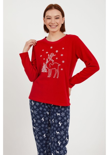 Deer Kırmızı Kadın Bisiklet Yaka Uzun Kol Pijama Takım modelleri