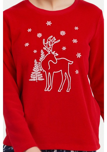 Deer Kırmızı Kadın Bisiklet Yaka Uzun Kol Pijama Takım fırsatları