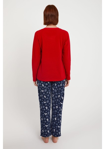 Deer Kırmızı Kadın Bisiklet Yaka Uzun Kol Pijama Takım indirimleri
