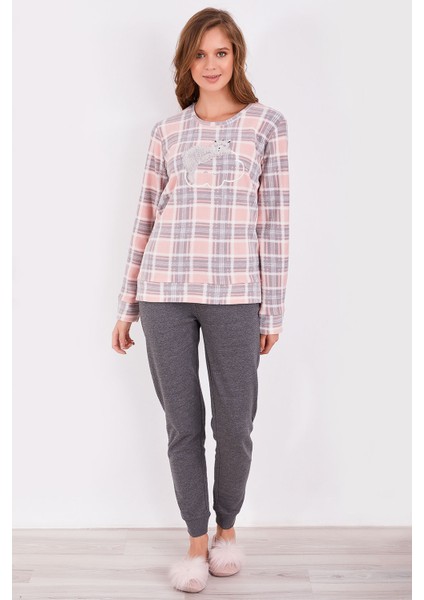 Ekoseli Pudra Kadın Uzun Kol Pijama Takım